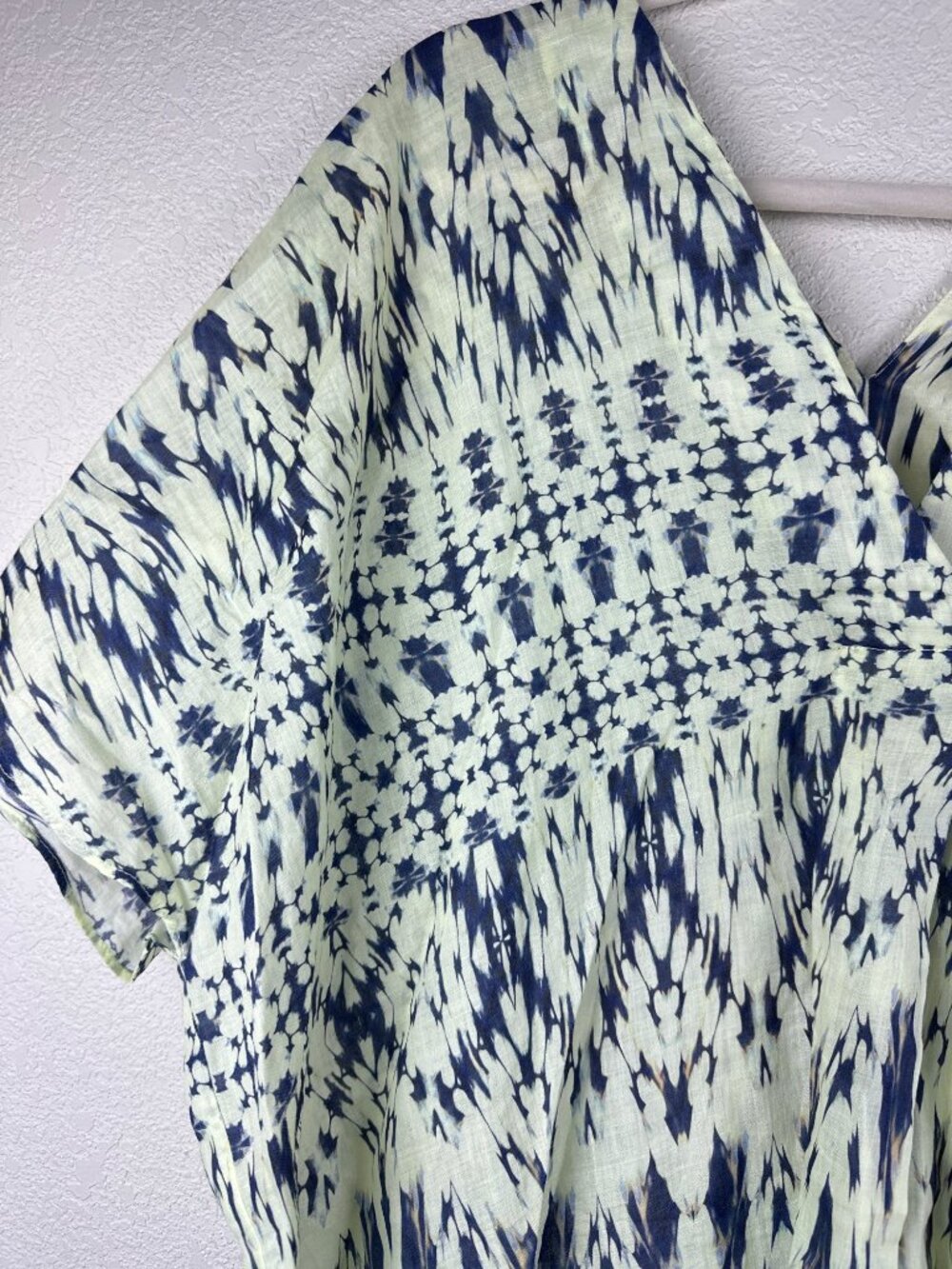 Zara 100% Ramie Abstract Print Kaftan Tunic Dress XL Blue Ivory Boho Beachy - Picture 4 of 11